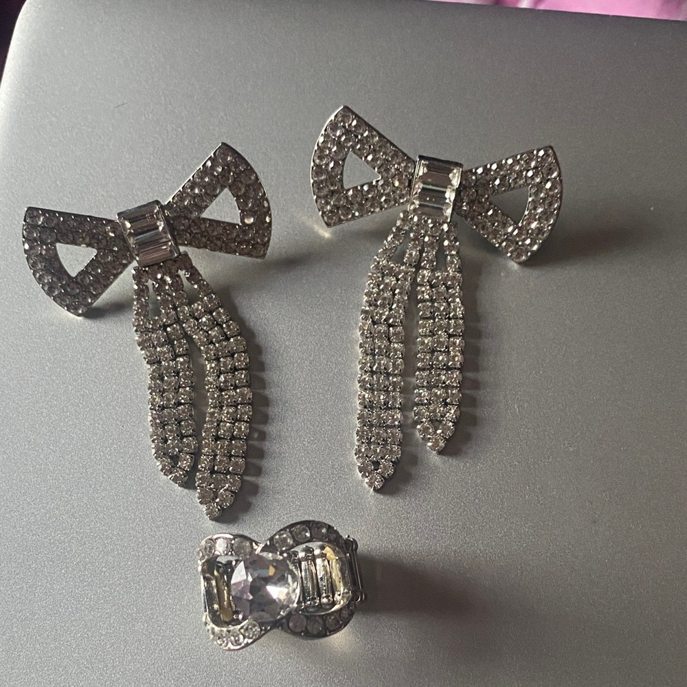 Sparkling Silver Bow Earrings and Ring custom Set